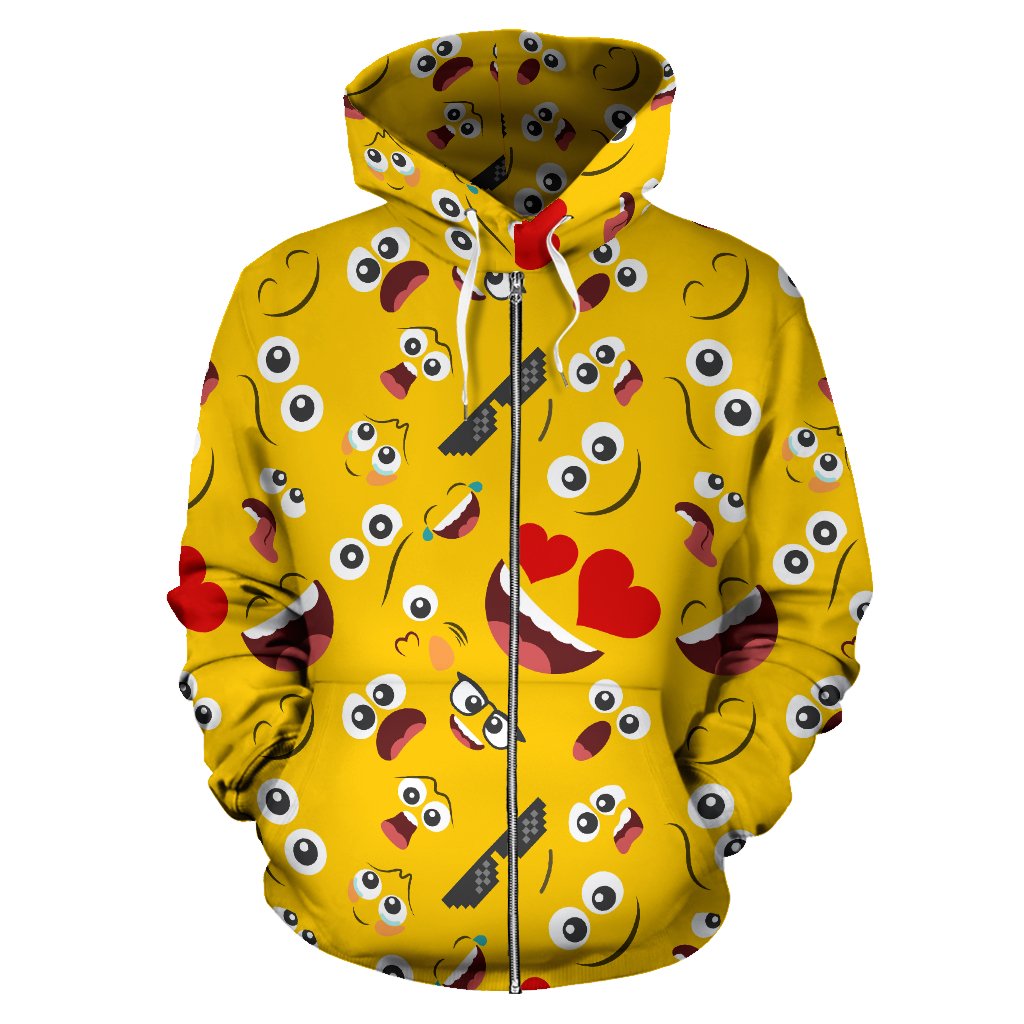 Emoji Face Print Pattern Zip Up Hoodie
