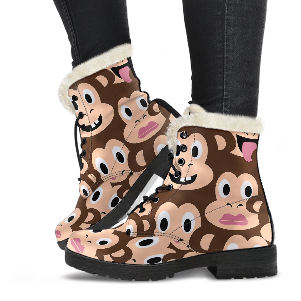 Emoji Monkey Print Pattern Faux Fur Leather Boots-JTAMIGO.COM