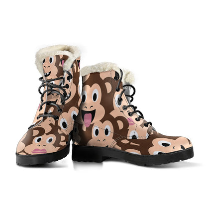 Emoji Monkey Print Pattern Faux Fur Leather Boots-JTAMIGO.COM