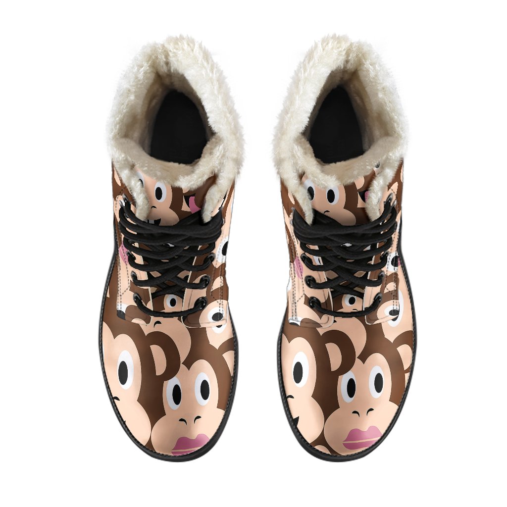 Emoji Monkey Print Pattern Faux Fur Leather Boots-JTAMIGO.COM