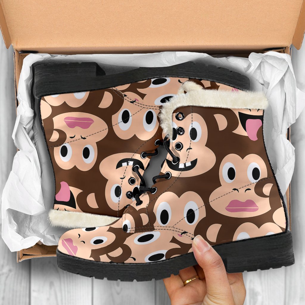 Emoji Monkey Print Pattern Faux Fur Leather Boots-JTAMIGO.COM