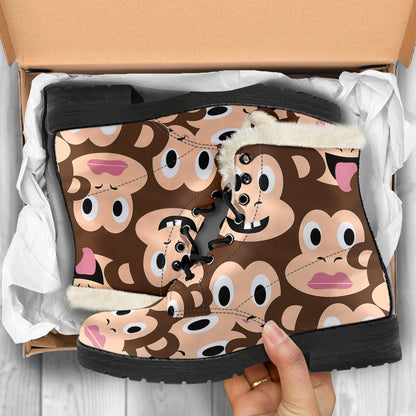 Emoji Monkey Print Pattern Faux Fur Leather Boots-JTAMIGO.COM