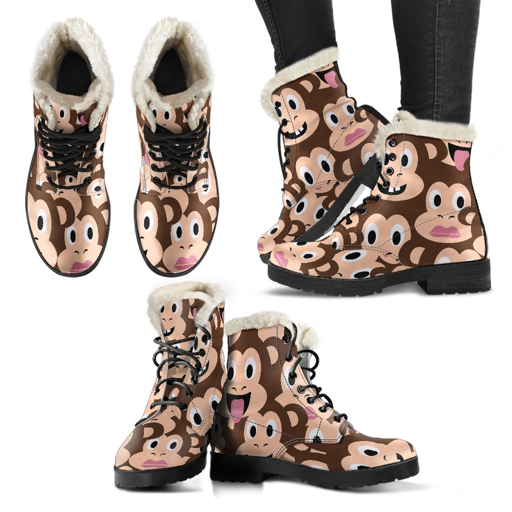 Emoji Monkey Print Pattern Faux Fur Leather Boots-JTAMIGO.COM