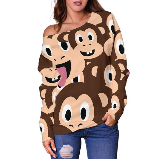 Emoji Monkey Print Pattern Off Shoulder Sweatshirt
