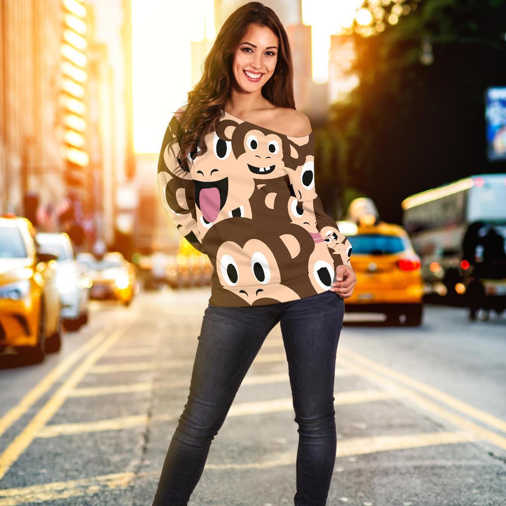 Emoji Monkey Print Pattern Off Shoulder Sweatshirt