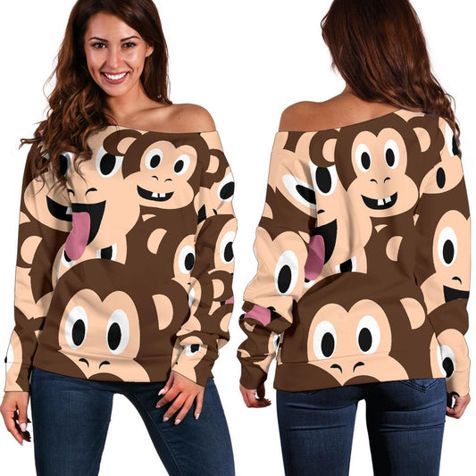 Emoji Monkey Print Pattern Off Shoulder Sweatshirt