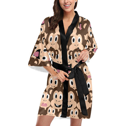 Emoji Monkey Print Pattern Women Short Kimono Robe