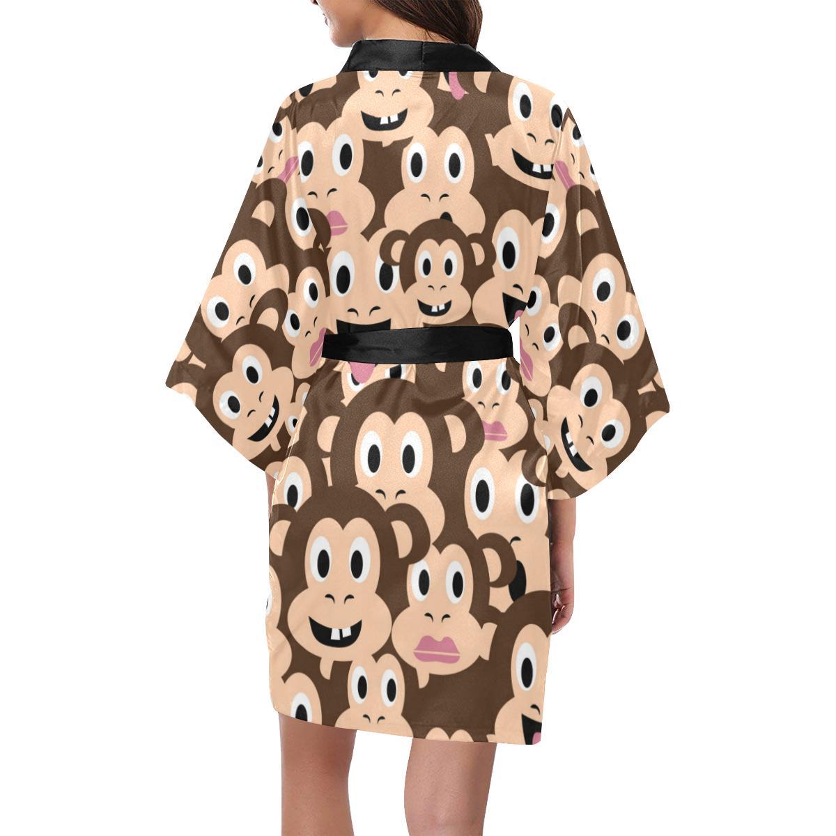 Emoji Monkey Print Pattern Women Short Kimono Robe