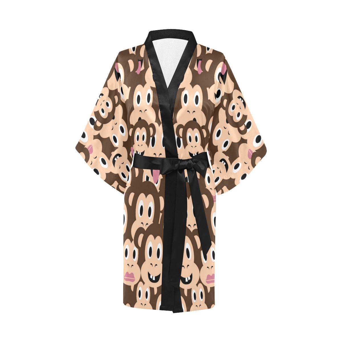 Emoji Monkey Print Pattern Women Short Kimono Robe