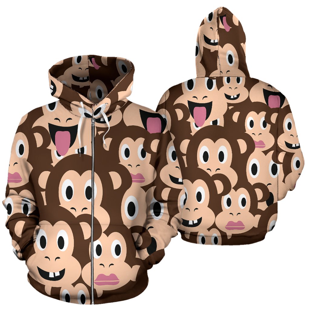 Emoji Monkey Print Pattern Zip Up Hoodie