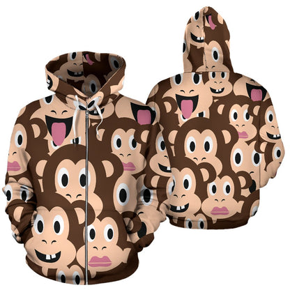 Emoji Monkey Print Pattern Zip Up Hoodie