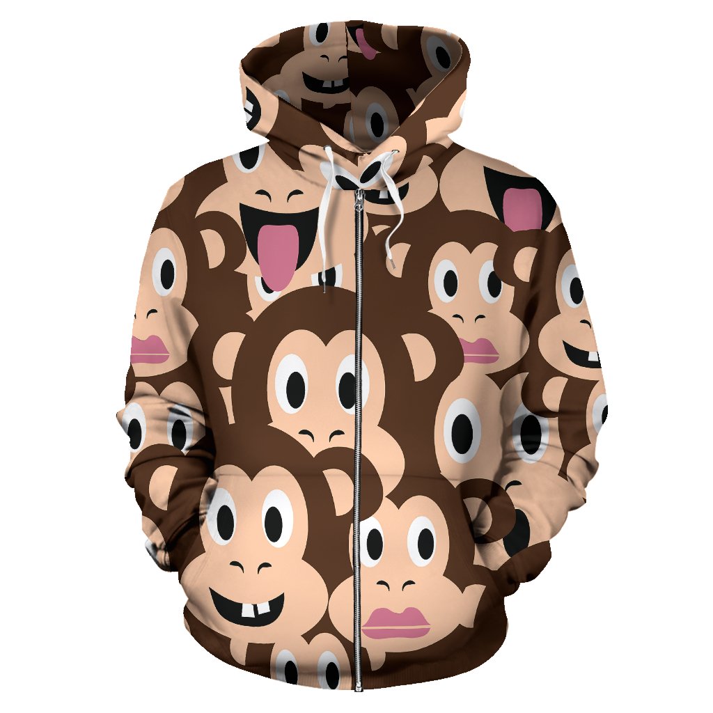 Emoji Monkey Print Pattern Zip Up Hoodie