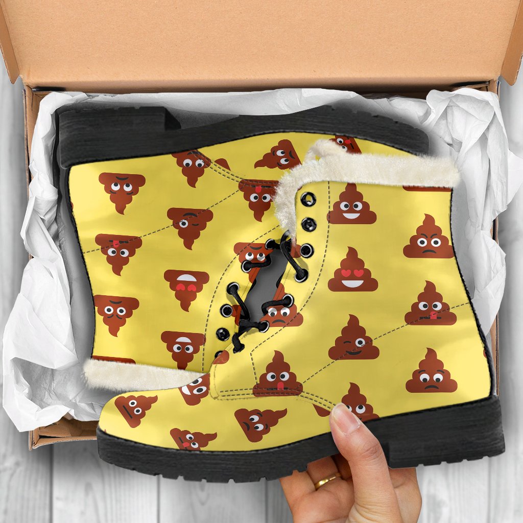 Emoji Poop Print Pattern Faux Fur Leather Boots-JTAMIGO.COM
