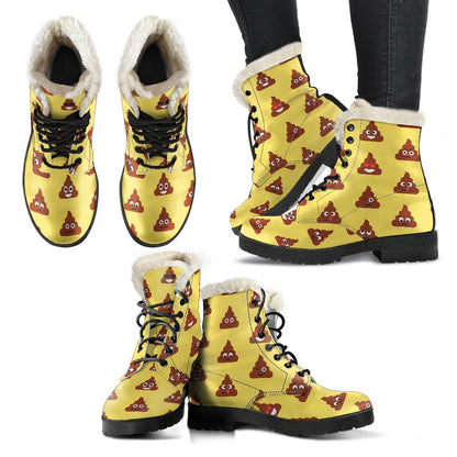 Emoji Poop Print Pattern Faux Fur Leather Boots-JTAMIGO.COM