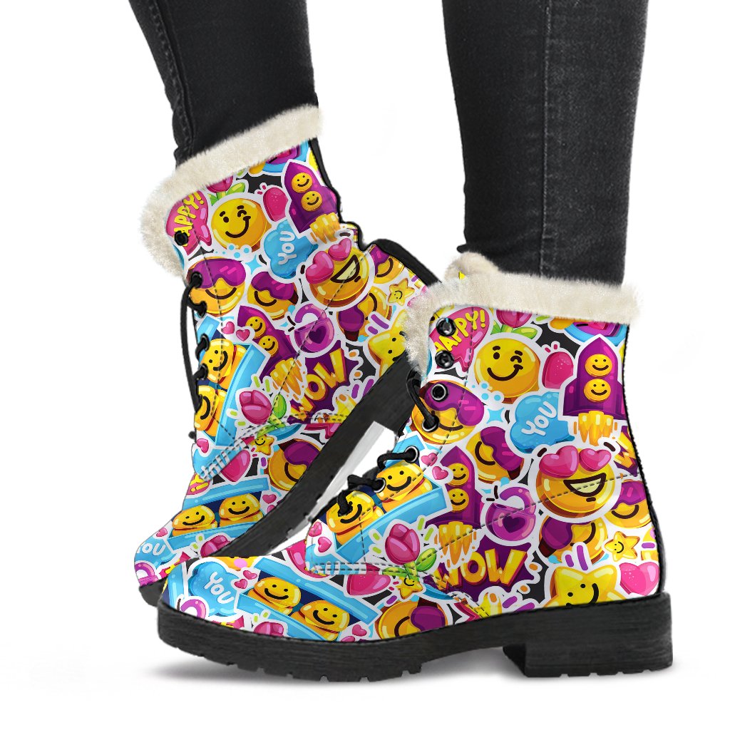 Emoji Sticker Print Pattern Faux Fur Leather Boots-JTAMIGO.COM