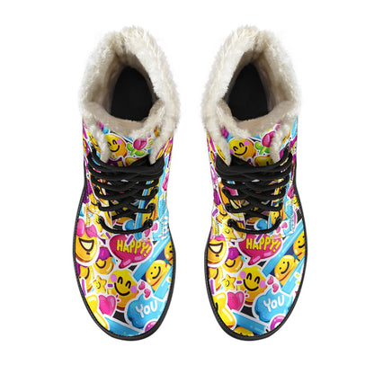 Emoji Sticker Print Pattern Faux Fur Leather Boots-JTAMIGO.COM