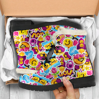 Emoji Sticker Print Pattern Faux Fur Leather Boots-JTAMIGO.COM