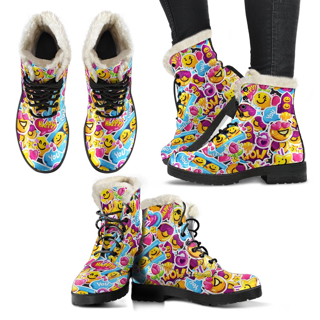 Emoji Sticker Print Pattern Faux Fur Leather Boots-JTAMIGO.COM