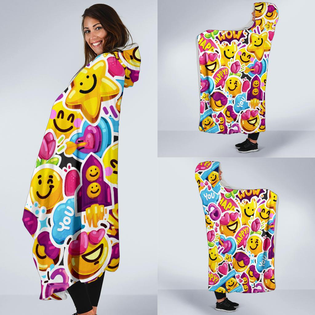 Emoji Sticker Print Pattern Hooded Blanket-JTAMIGO.COM