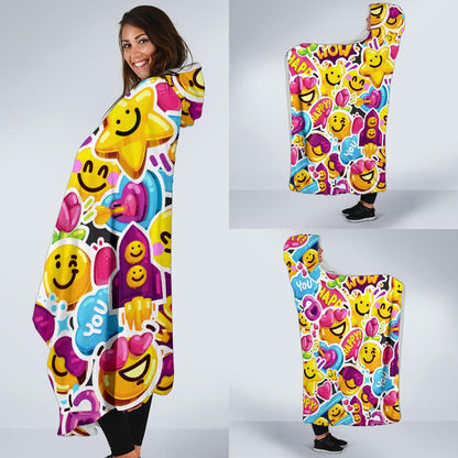 Emoji Sticker Print Pattern Hooded Blanket-JTAMIGO.COM