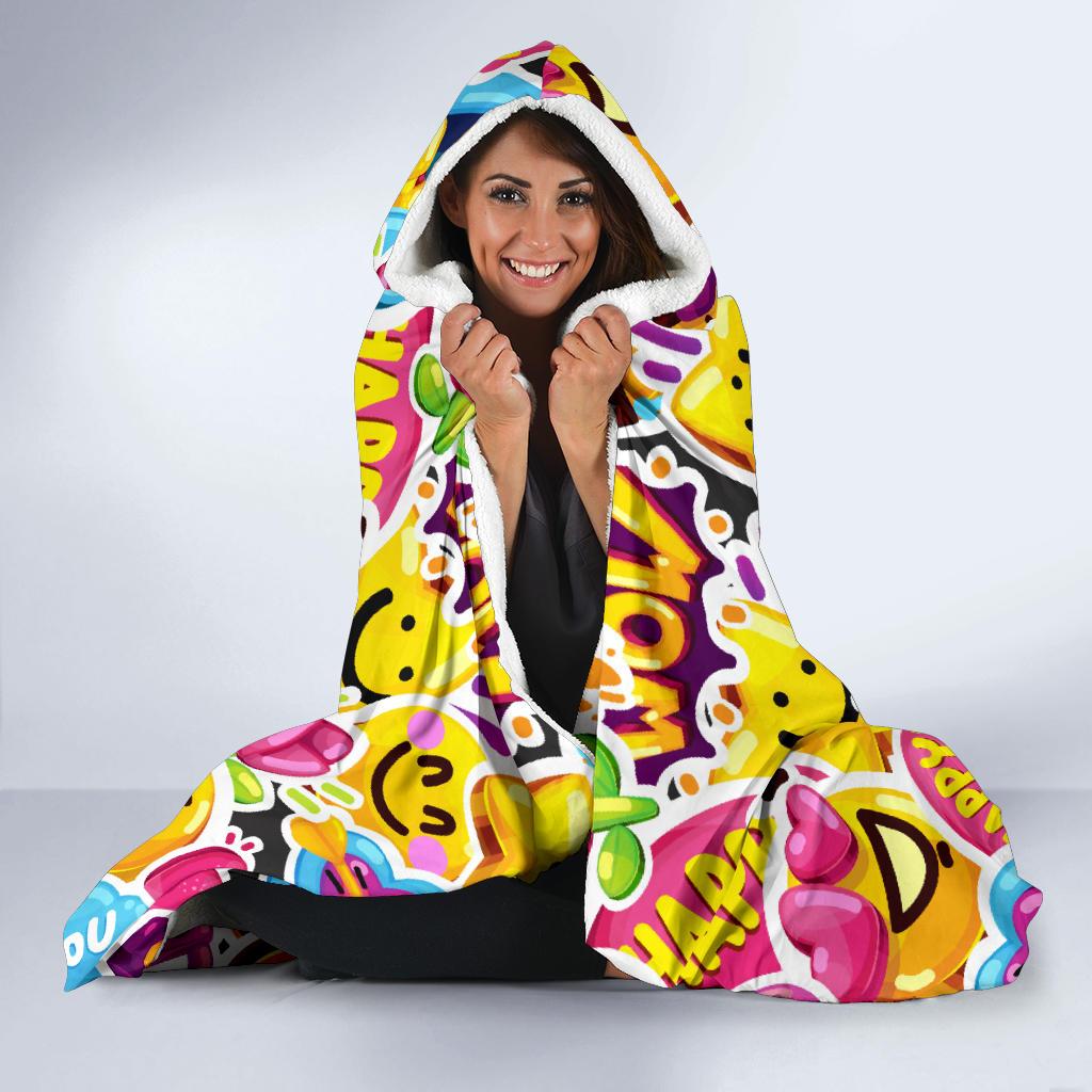 Emoji Sticker Print Pattern Hooded Blanket-JTAMIGO.COM