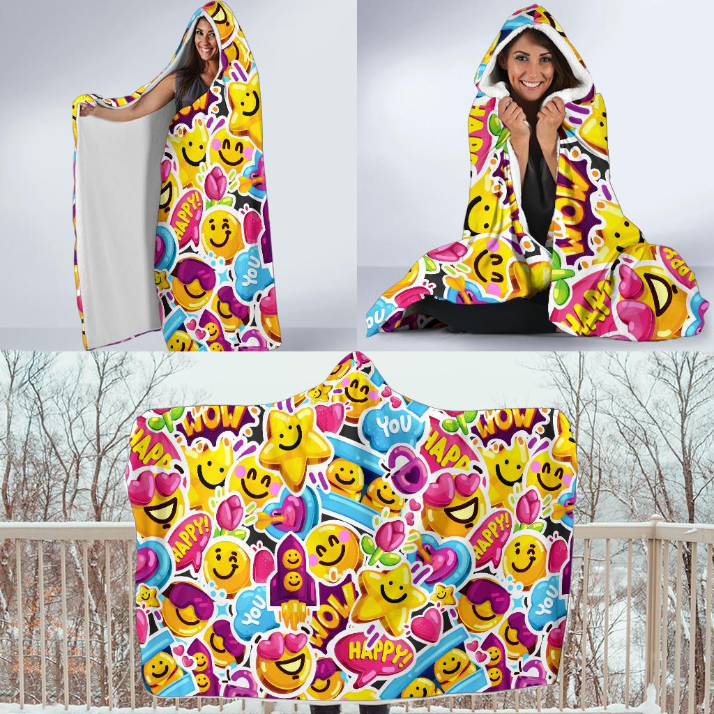 Emoji Sticker Print Pattern Hooded Blanket-JTAMIGO.COM