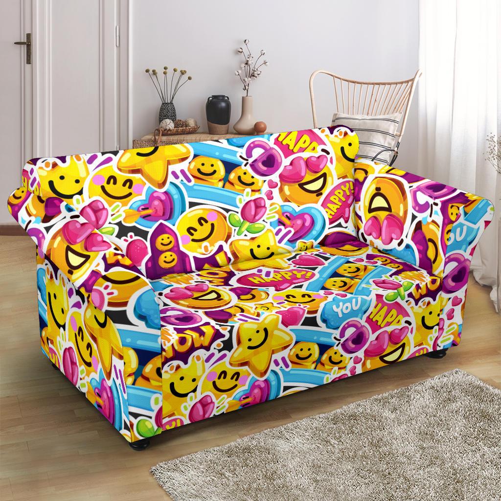 Emoji Sticker Print Pattern Loveseat Slipcover-JTAMIGO.COM