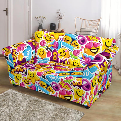 Emoji Sticker Print Pattern Loveseat Slipcover-JTAMIGO.COM