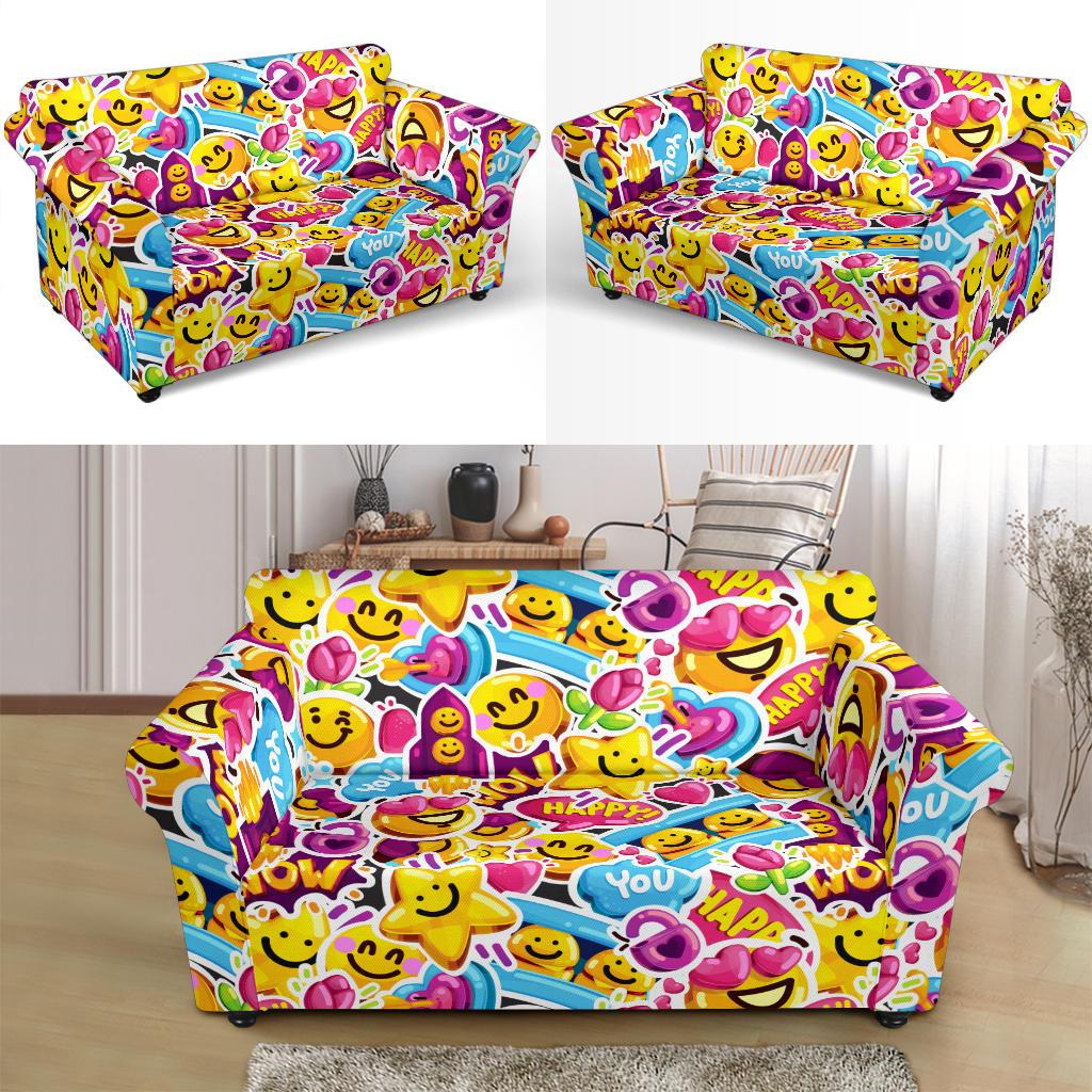 Emoji Sticker Print Pattern Loveseat Slipcover-JTAMIGO.COM