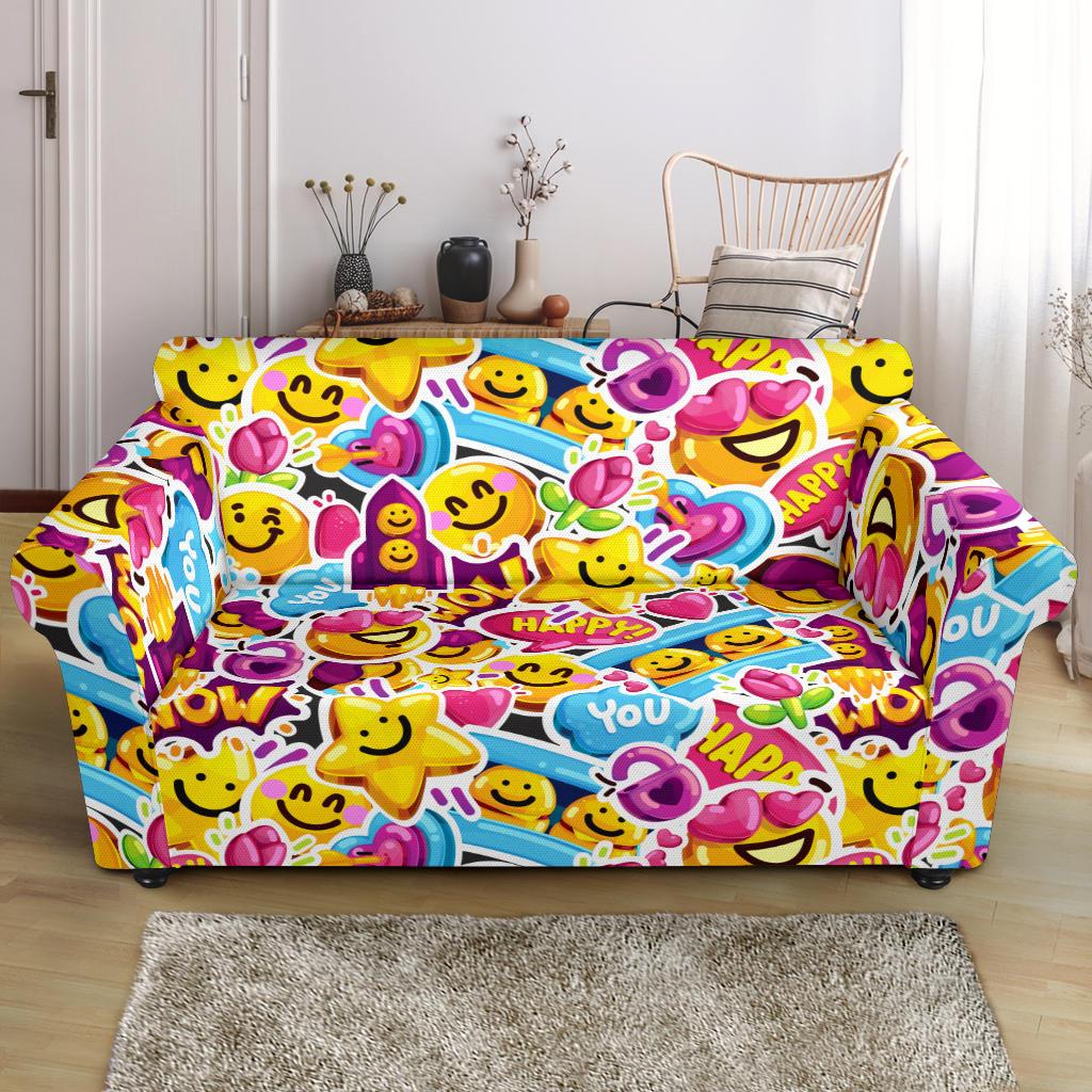 Emoji Sticker Print Pattern Loveseat Slipcover-JTAMIGO.COM