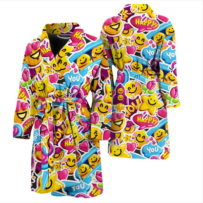 Emoji Sticker Print Pattern Men Bath Robe-JTAMIGO.COM