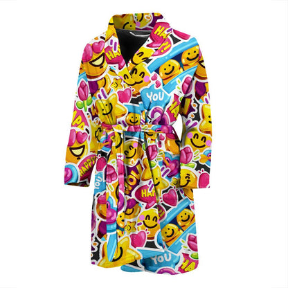 Emoji Sticker Print Pattern Men Bath Robe-JTAMIGO.COM