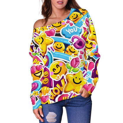 Emoji Sticker Print Pattern Off Shoulder Sweatshirt