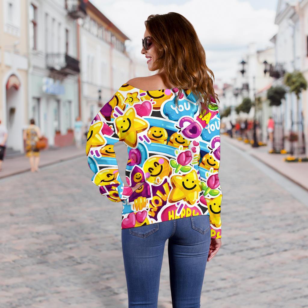 Emoji Sticker Print Pattern Off Shoulder Sweatshirt