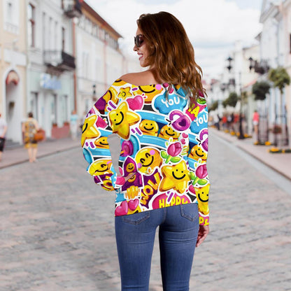 Emoji Sticker Print Pattern Off Shoulder Sweatshirt