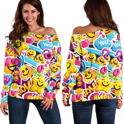 Emoji Sticker Print Pattern Off Shoulder Sweatshirt
