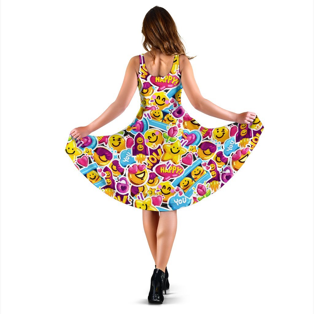 Emoji Sticker Print Pattern Sleeveless Dress