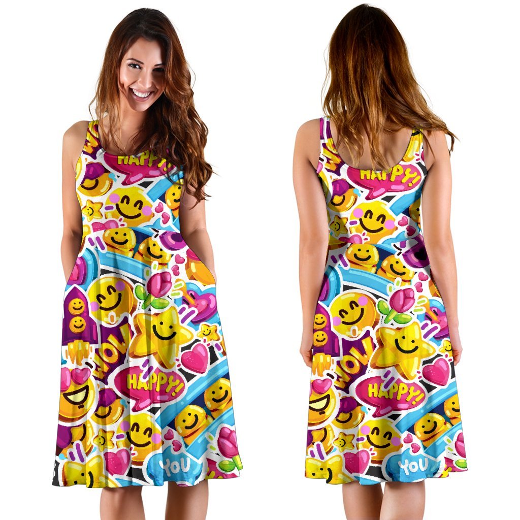 Emoji Sticker Print Pattern Sleeveless Dress