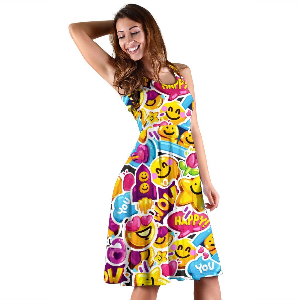 Emoji Sticker Print Pattern Sleeveless Dress
