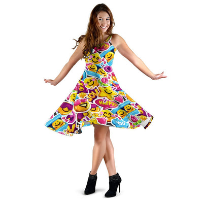 Emoji Sticker Print Pattern Sleeveless Dress