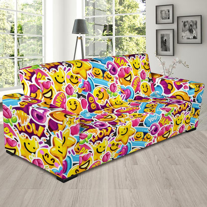 Emoji Sticker Print Pattern Sofa Slipcover-JTAMIGO.COM