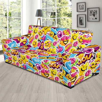 Emoji Sticker Print Pattern Sofa Slipcover-JTAMIGO.COM