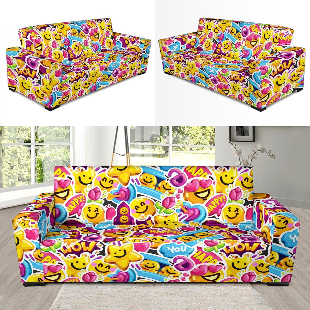 Emoji Sticker Print Pattern Sofa Slipcover-JTAMIGO.COM