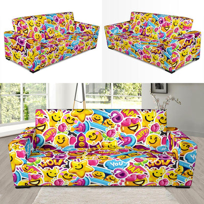 Emoji Sticker Print Pattern Sofa Slipcover-JTAMIGO.COM