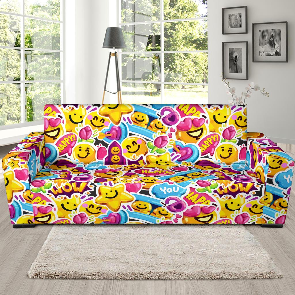 Emoji Sticker Print Pattern Sofa Slipcover-JTAMIGO.COM