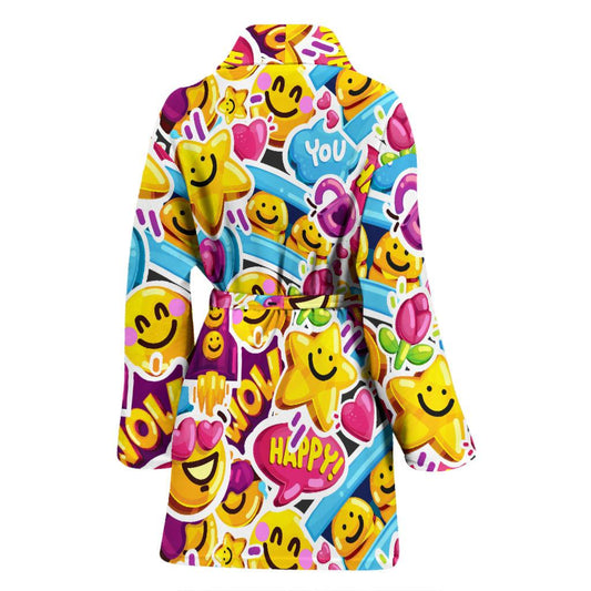 Emoji Sticker Print Pattern Women Bath Robe-JTAMIGO.COM