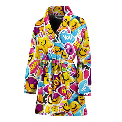 Emoji Sticker Print Pattern Women Bath Robe-JTAMIGO.COM