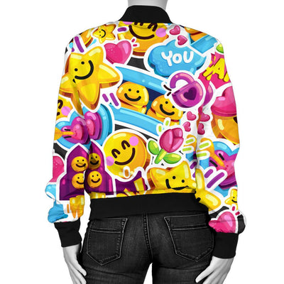 Emoji Sticker Print Pattern Women Casual Bomber Jacket