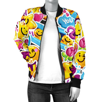 Emoji Sticker Print Pattern Women Casual Bomber Jacket