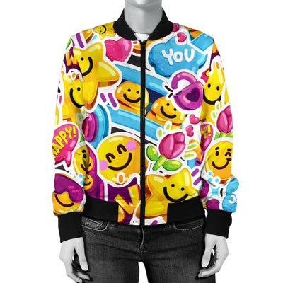 Emoji Sticker Print Pattern Women Casual Bomber Jacket